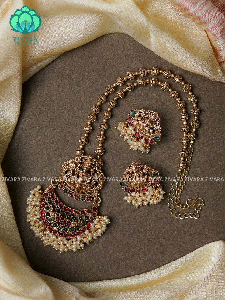 Pearl- TEMPLE PEARL CLUSTER ball chain -Traditional south indian NORMAL MATTE neckwear with earrings- Zivara Fashion- latest jewellery design.