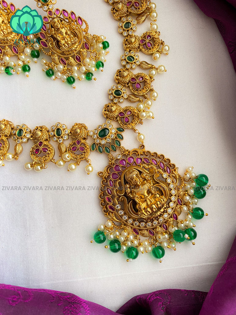 Green beads guttapusalu temple short  necklace with earrings- latest bridal jewellery collection CZ Matte