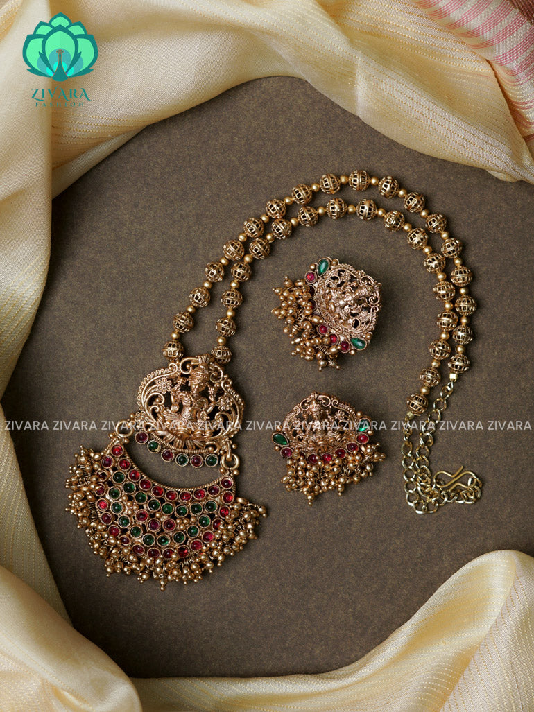 Gold- TEMPLE PEARL CLUSTER ball chain -Traditional south indian NORMAL MATTE neckwear with earrings- Zivara Fashion- latest jewellery design.