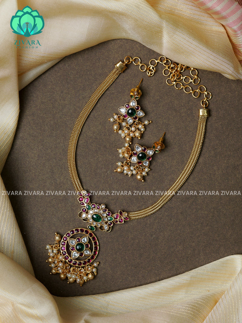 Flexible chain gold beads round pendant-Traditional south indian premium neckwear with earrings- Zivara Fashion- latest jewellery design.