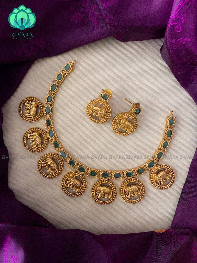 Premium finish green stone elephant coin neckwear with earrings  - Premium quality CZ Matte collection-south indian jewellery