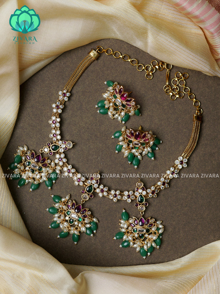Flexible chain green beads lotus pendant-Traditional south indian premium neckwear with earrings- Zivara Fashion- latest jewellery design.