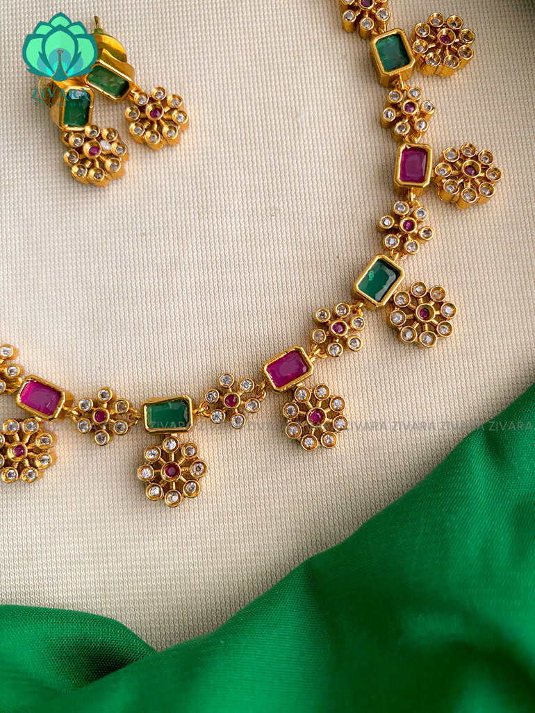 MOTIF FREE FLORAL NECKWEARWEAR WITH EARRINGS   - Premium quality CZ Matte collection-south indian jewellery