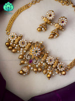 Floral choker with earrings - CZ matte finish- Zivara Fashion- navaratna