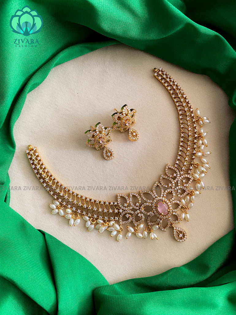 Pastel pink Elegant ad stone  floral Neckwear with earrings- CZ Matte Finish- Zivara Fashion