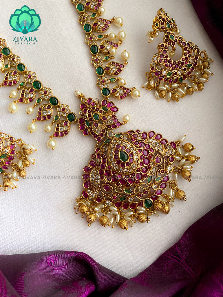 Real kemp bridal long haaram with earrings- Premium quality CZ Matte collection