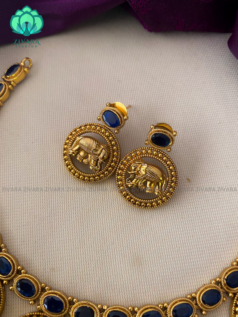 Premium finish elephant coin neckwear with earrings  - Premium quality CZ Matte collection-south indian jewellery