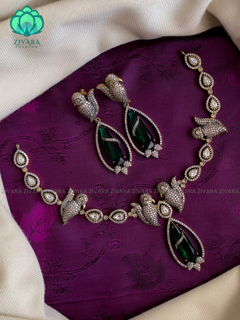 Victorian polish parrot motif neckwear with earrings  - Premium quality CZ Matte collection-south indian jewellery