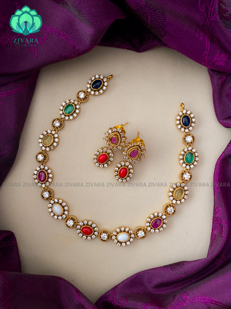Oval stone motif free neckwear with earrings- Zivara Fashion