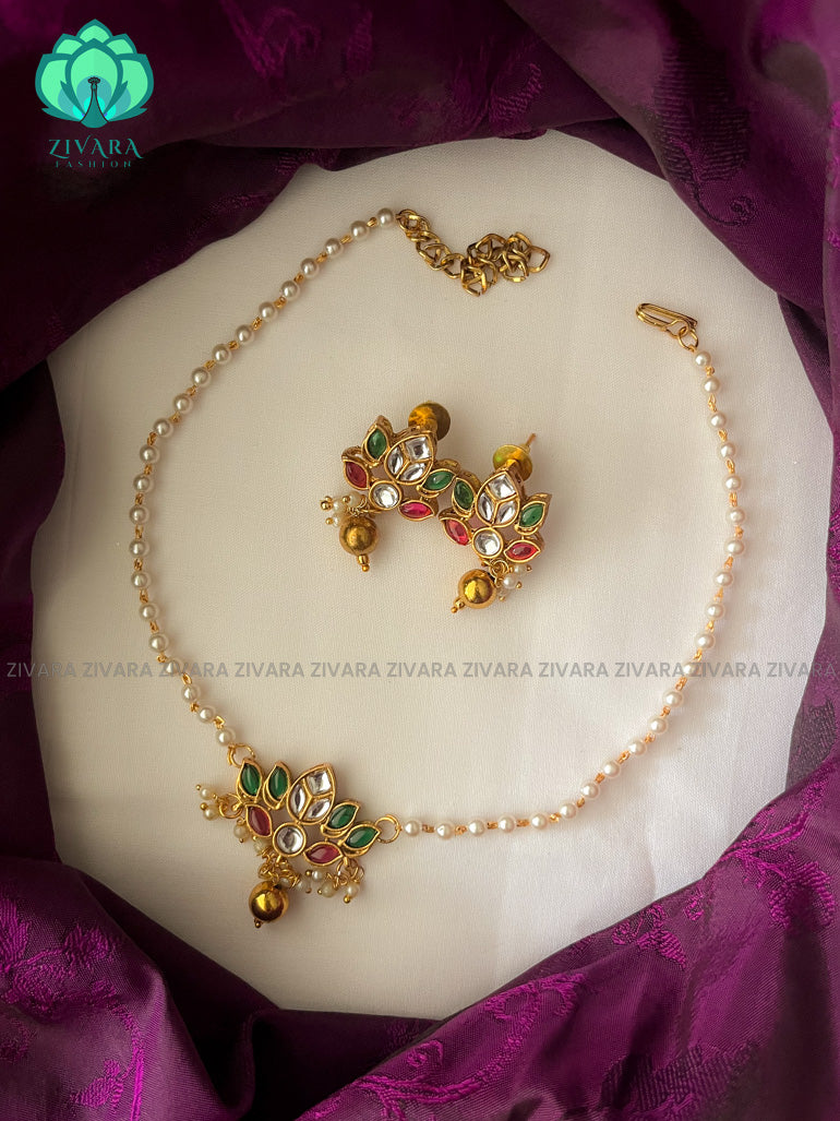 Kids friendly Matte finish lotus pearl neckwear with studs - Premium quality Matte collection-south indian jewellery