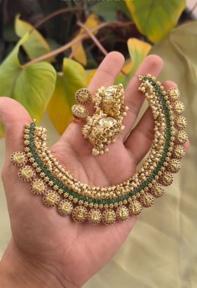 BRIDAL GREEN STONE PEARL CLUSTER COIN  -Traditional south indian premium neckwear with earrings- Zivara Fashion- latest jewellery design.