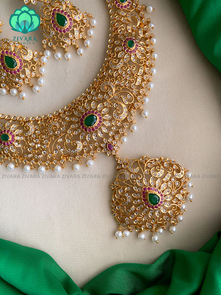 Grand bridal stone neckwear with earrings  - Premium quality CZ Matte collection-south indian jewellery