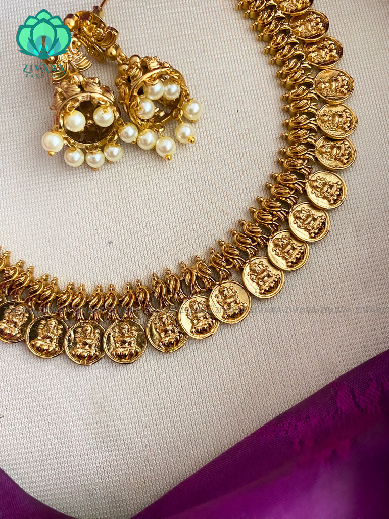 Kids friendly coin - Traditional south indian premium neckwear with earrings- Zivara Fashion- latest jewellery design.