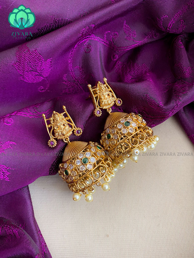Beautiful bridal temple  jhumka - CZ matte Earrings- Zivara Fashion