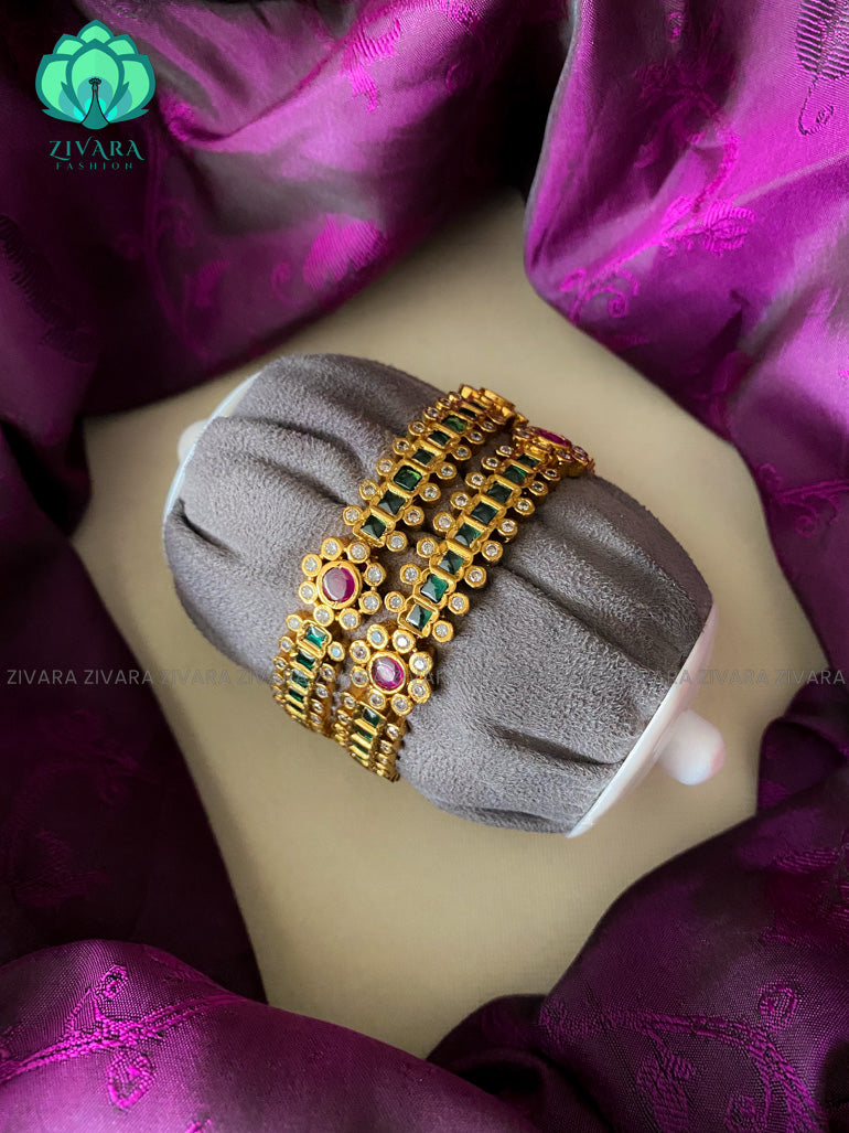 2 piece Cz matte finish floral stone bangles- vintage finish-latest bangles design