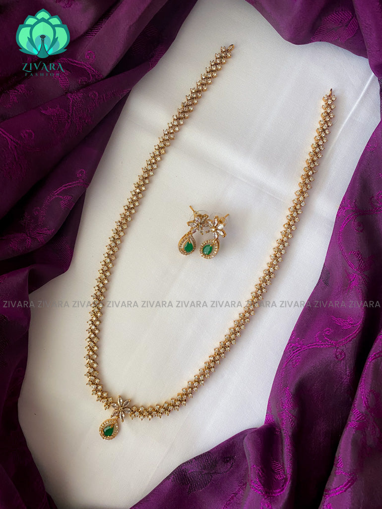 Elegant green stone long neckwear with earrings- CZ Matte Finish- Zivara Fashion