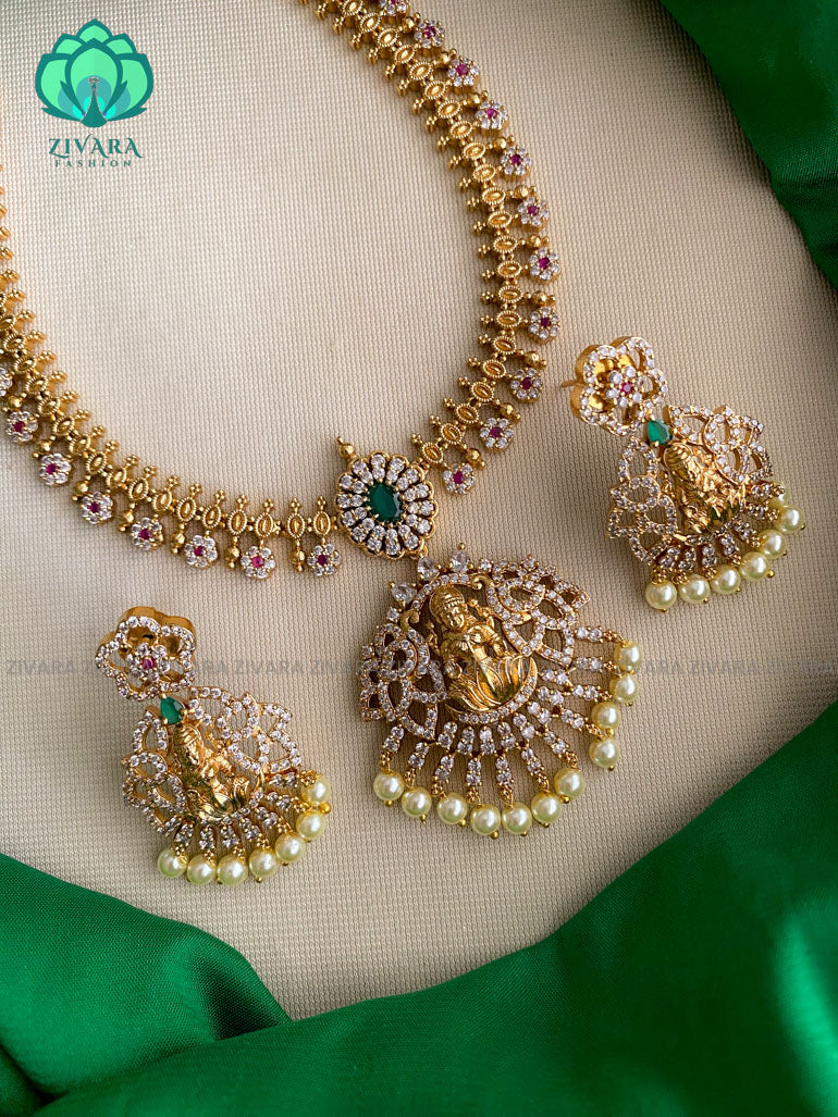 Simple temple stone neckwear with earrings  - Premium quality CZ Matte collection-south indian jewellery