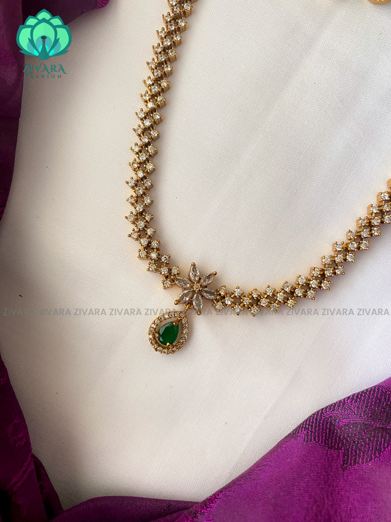 Elegant green stone long neckwear with earrings- CZ Matte Finish- Zivara Fashion