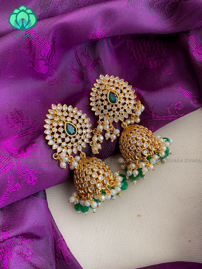 Beautiful motif free green bridal stone jhumka - CZ matte Earrings- Zivara Fashion