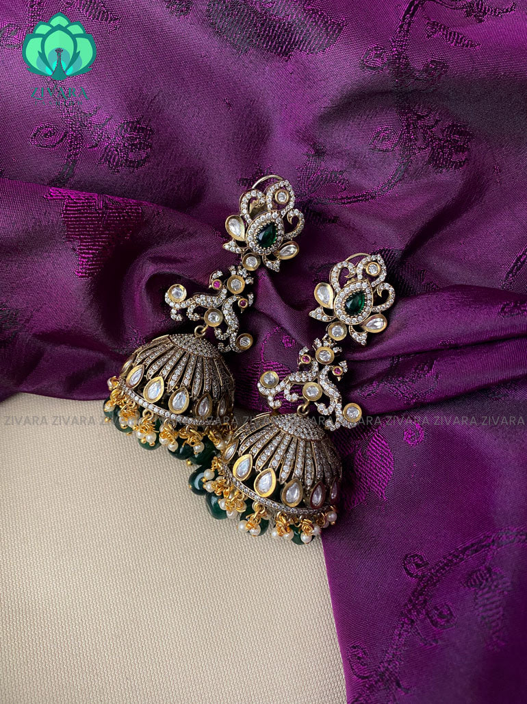 Huge victorian polish jhumka with green beads - latest trending jewellery collection