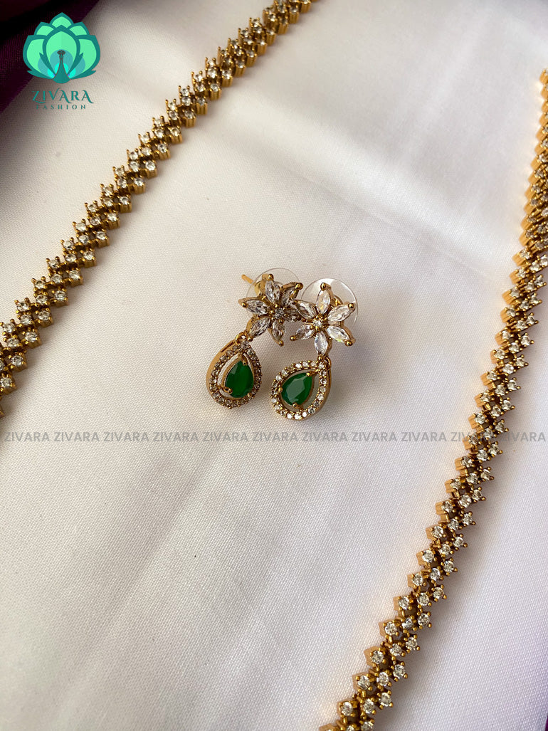 Elegant green stone long neckwear with earrings- CZ Matte Finish- Zivara Fashion