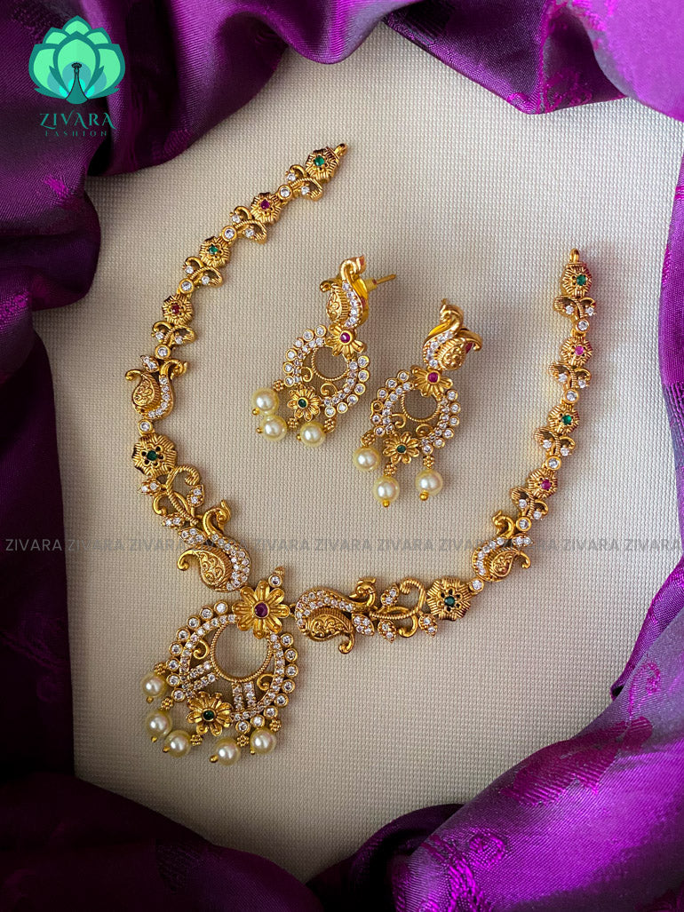 Floral Neckwear with earrings- CZ Matte Finish- Zivara Fashion