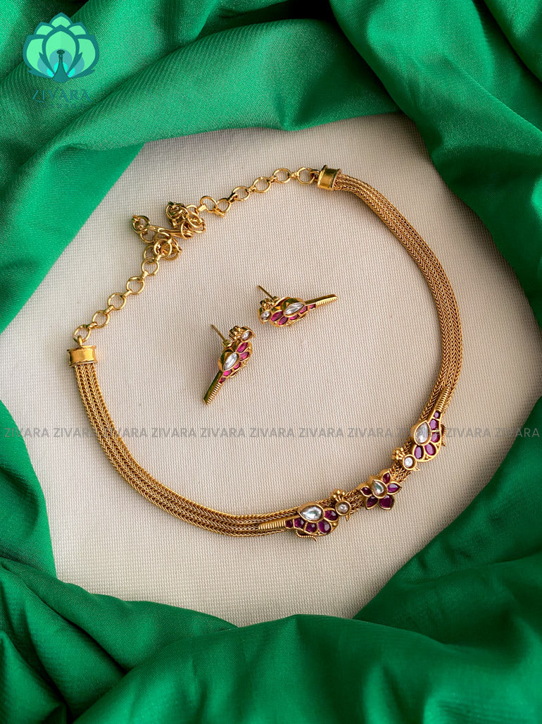 Cute parrot flexible chain close neck WEAR WITH EARRINGS   - Premium quality CZ Matte collection-south indian jewellery