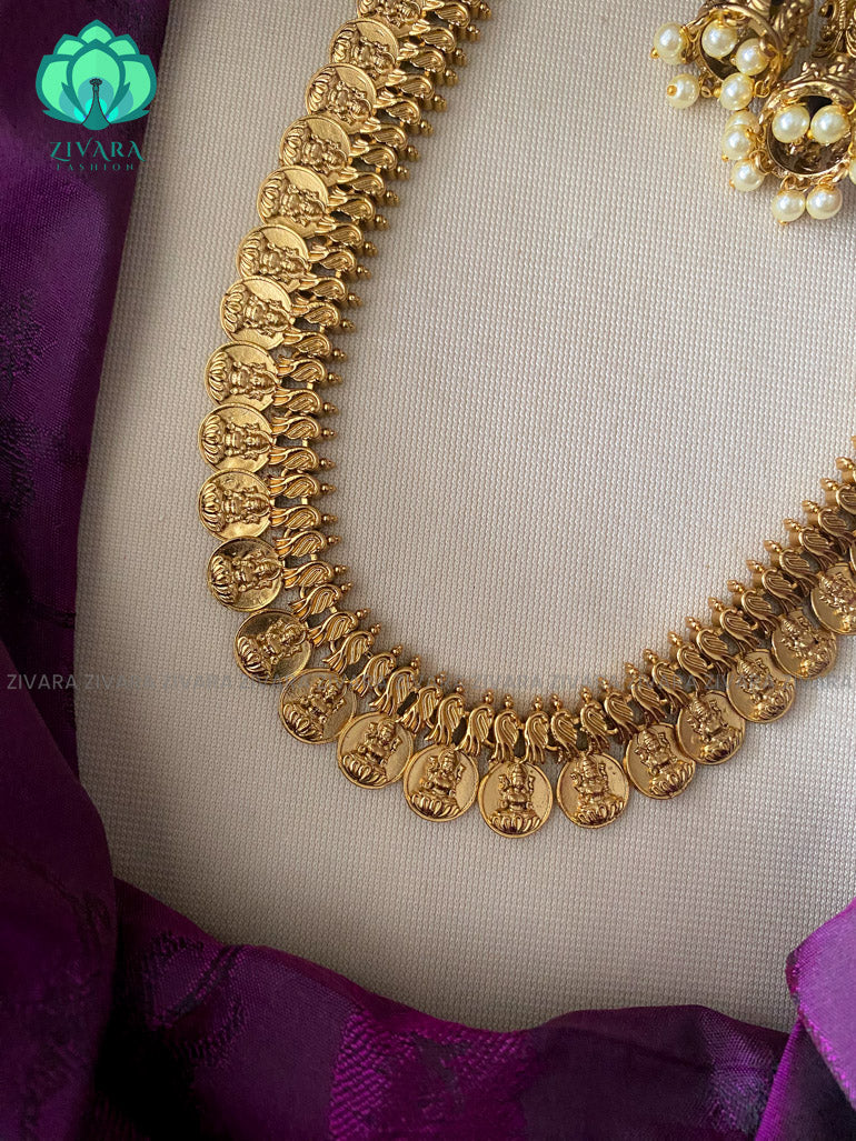 NO STONE COIN- Traditional premium gold polish long haaram/neckwear with earrings- Zivara Fashion
