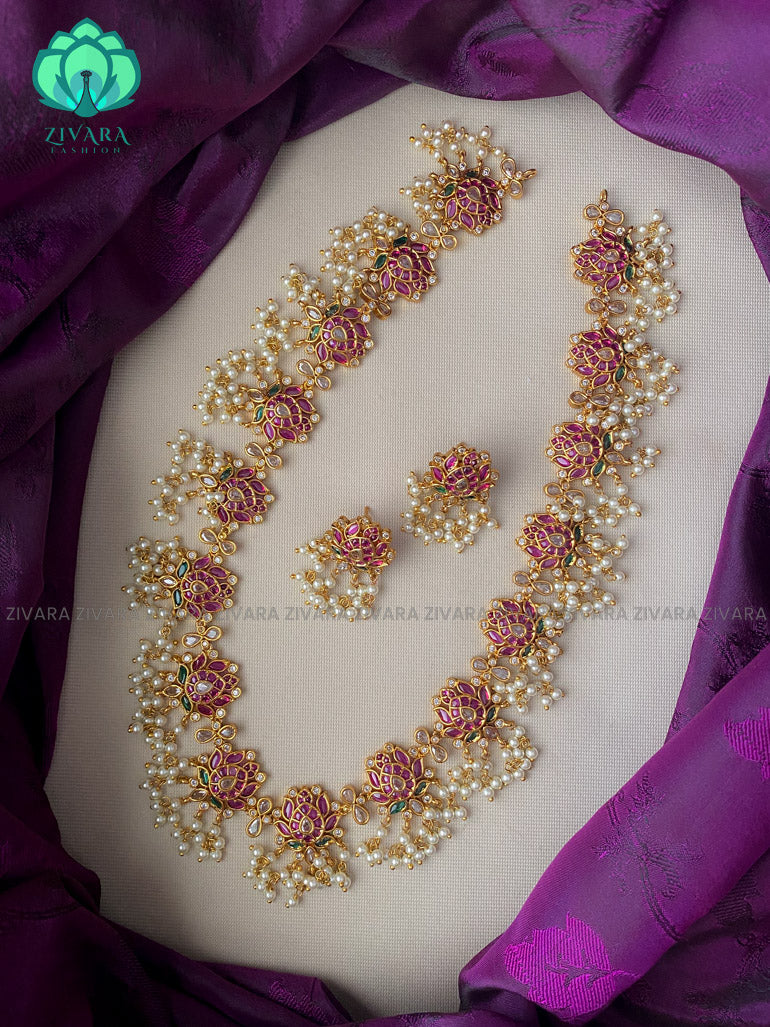 Hot selling 2 in 1  Haaram or hipbelt lotus long neckwear with earrings- CZ Matte Finish- Zivara Fashion
