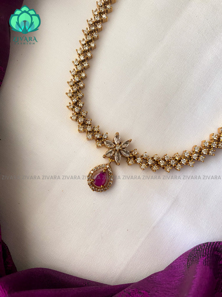 Elegant ruby stone long neckwear with earrings- CZ Matte Finish- Zivara Fashion