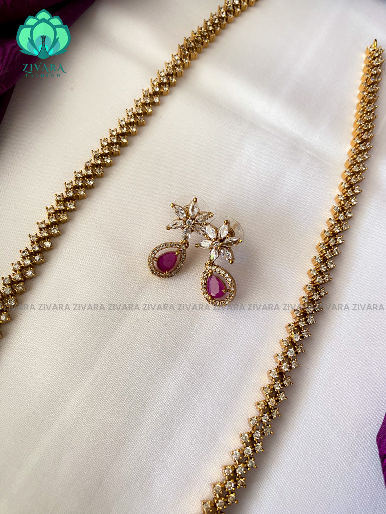 Elegant ruby stone long neckwear with earrings- CZ Matte Finish- Zivara Fashion