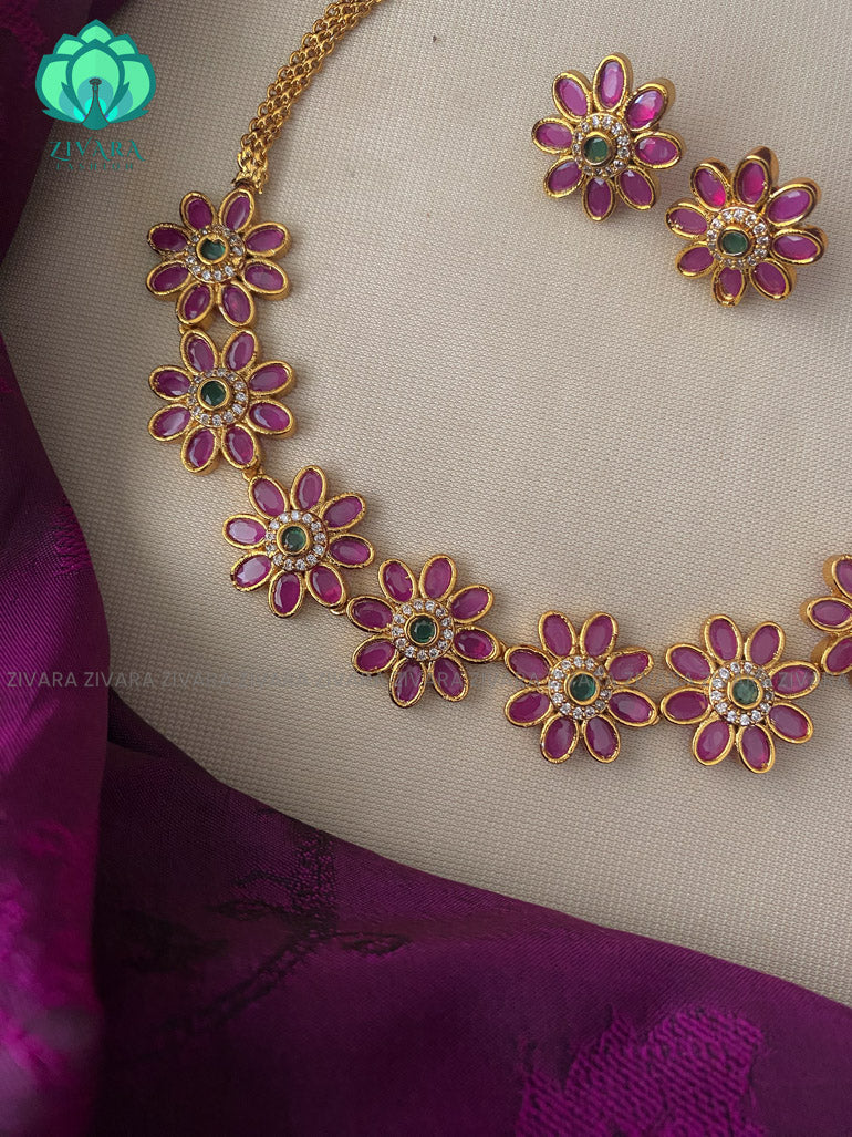 Real kemp floral choker with earrings- latest pocket friendly premium quality south indian jewellery collection