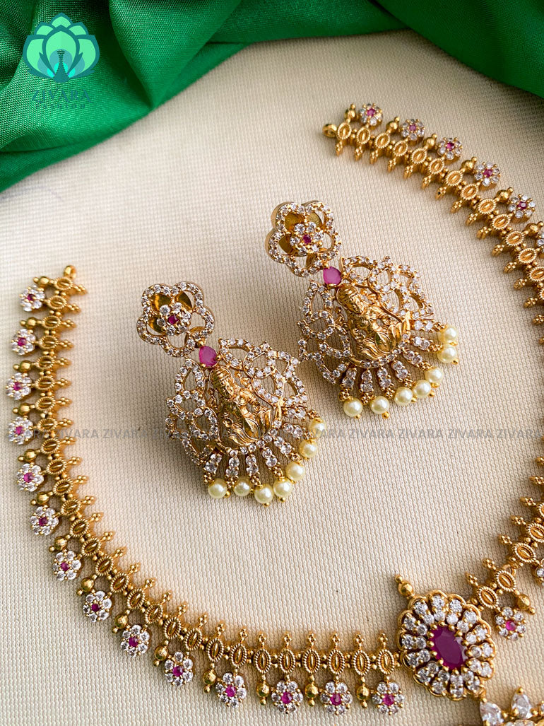 Simple temple stone neckwear with earrings  - Premium quality CZ Matte collection-south indian jewellery