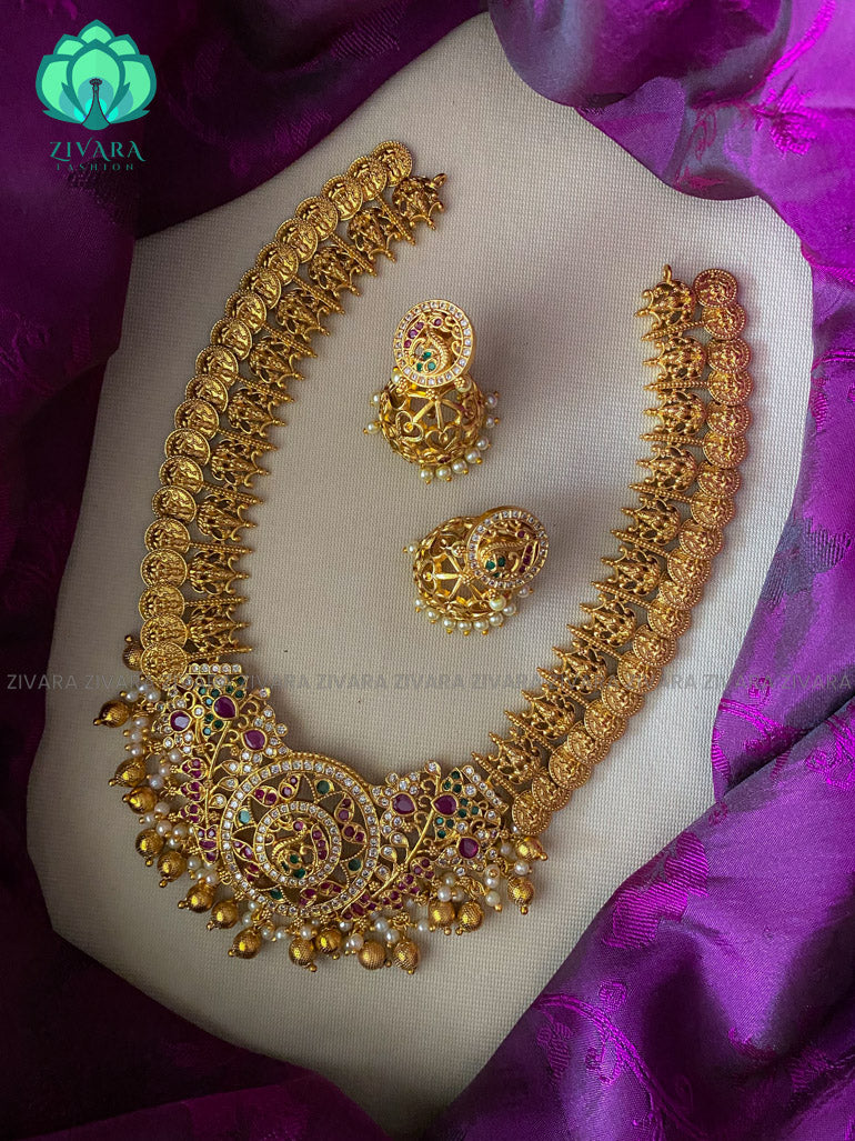 Midlength heavy bridal coin necklace with earrings- latest bridal jewellery collection CZ Matte