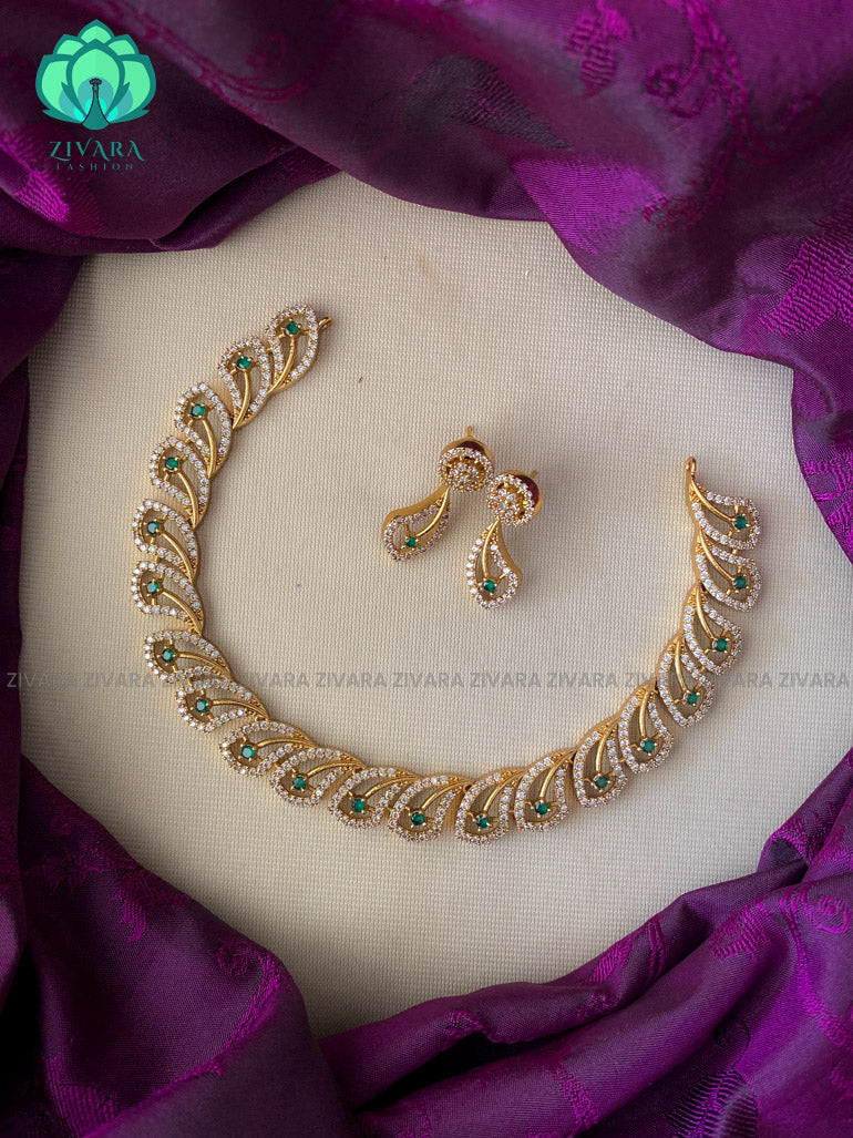 Elegant stone necklace with earrings CZ matte Finish GREEN - Zivara Fashion