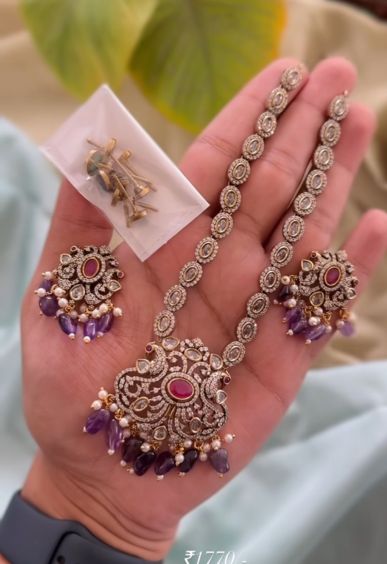 Purple beads- Interchangable stone set - Ultra premium victoria finish dark polish trending neckwear collection- bridal collection- Zivara Fashion