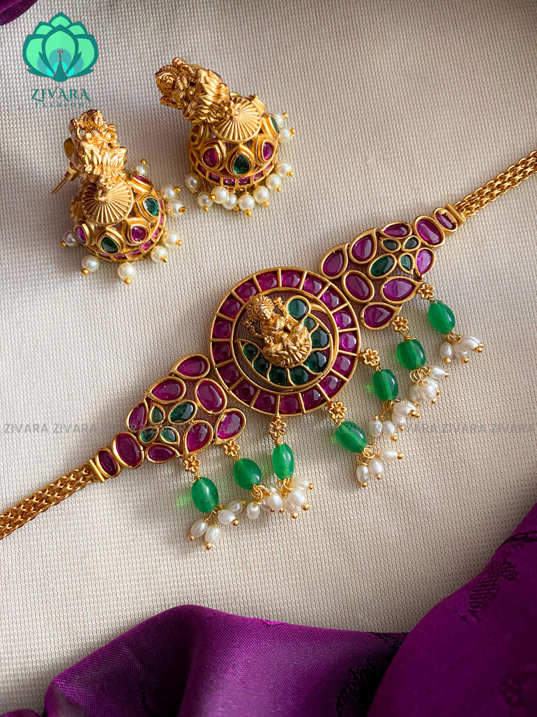 Brilliant finish temple green beads cz matte choker with earrings - Bridal  jewellery with earrings-indian bridal jewellery