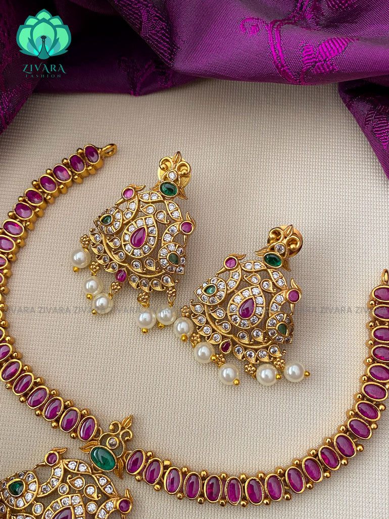 Hotselling real kemp flower pendant neckwear with earrings-Swarna- latest pocket friendly south indian jewellery collection