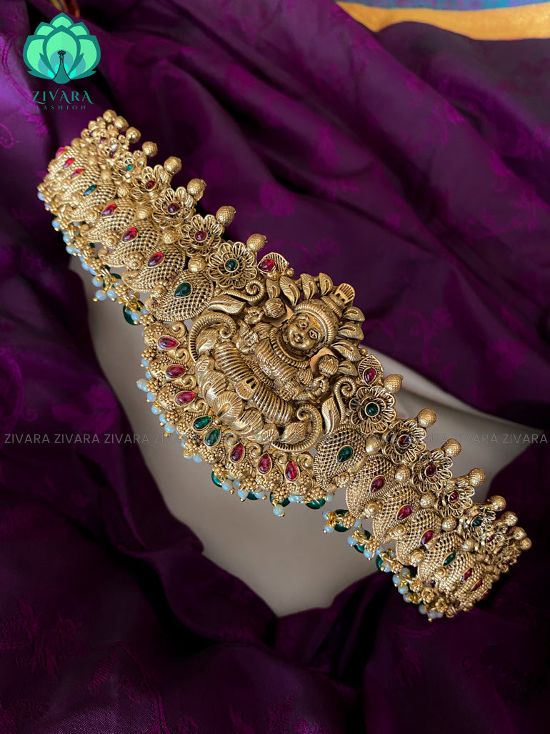 Premium cz matte bridal hipbelts  with green beads- latest bridal jewellery collection