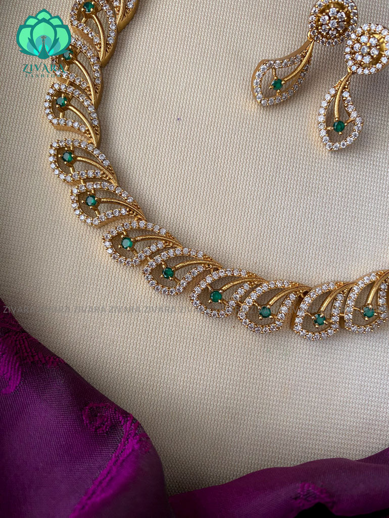 Elegant stone necklace with earrings CZ matte Finish GREEN - Zivara Fashion