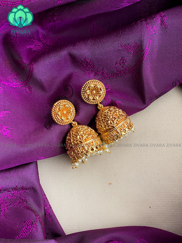 Vintage finish gold look alike motif free jhumka- latest trending jewellery collection