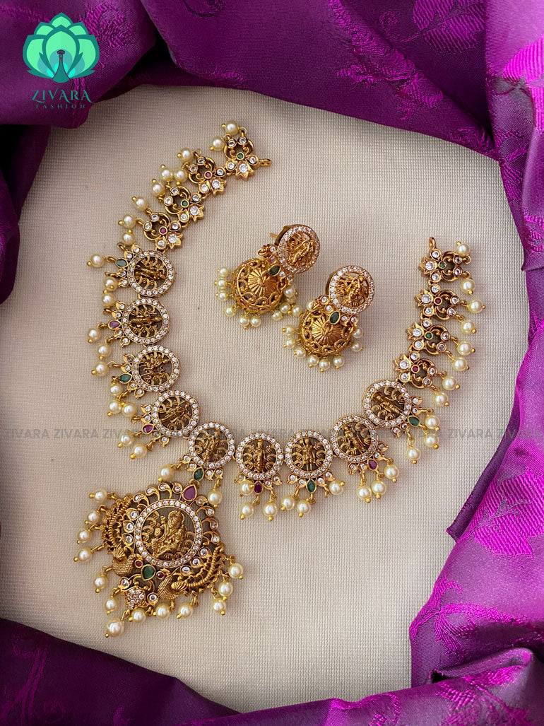 Grand Bridal dasavatharam temple neckwear with earrings- CZ Matte Finish- Zivara Fashion