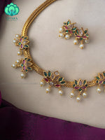 Kids friendly stone lotus choker with earrings- latest pocket friendly premium quality south indian jewellery collection