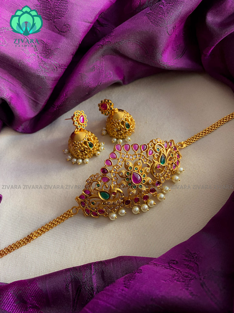 Kids friendly motif free cz matte choker with earrings - south indian jewellery with earrings-indian bridal jewellery