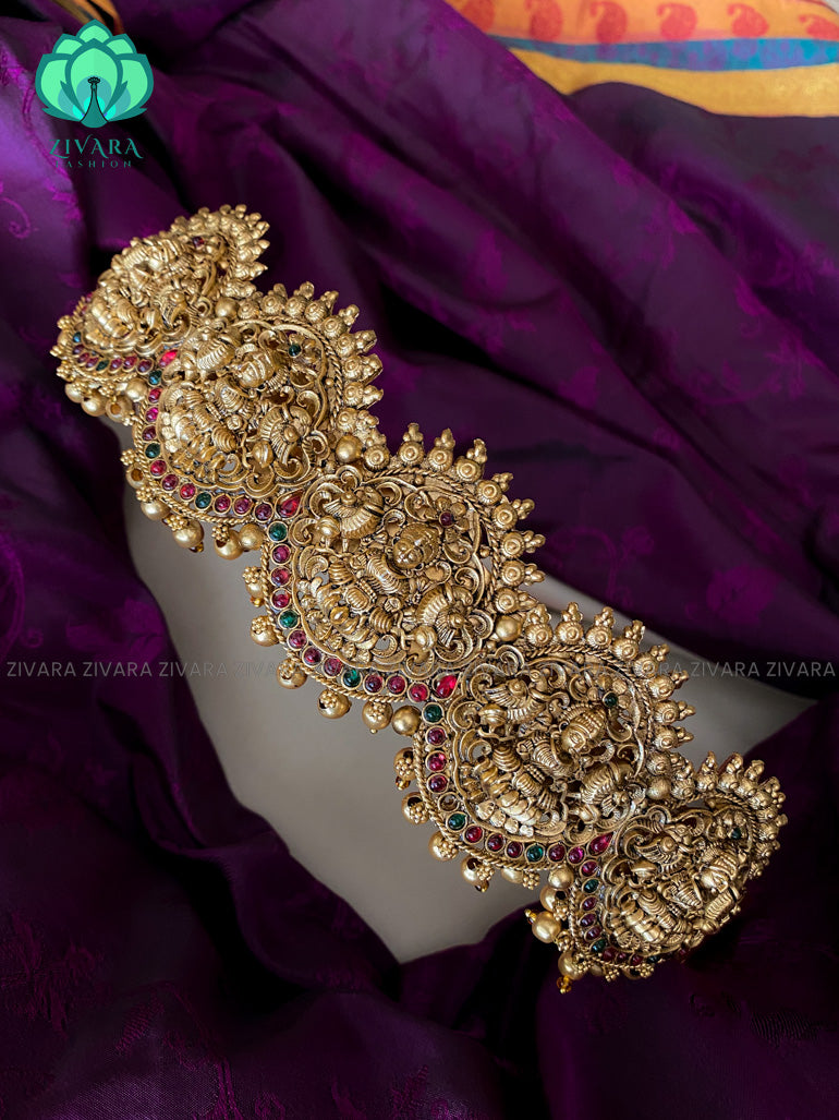 Premium cz matte bridal hipbelts  with green beads- latest bridal jewellery collection