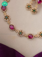 Simple ruby and green  motif free neckwear with earrings- Zivara Fashion