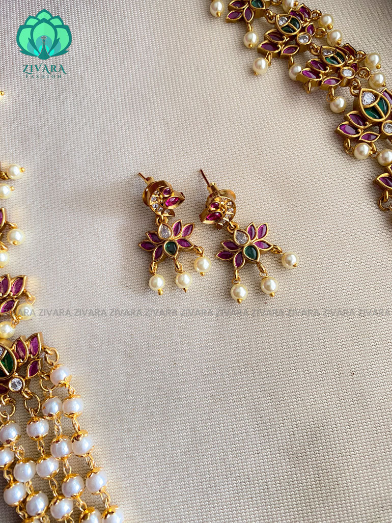 Hotselling lotus step pearl double mogapu Neckwear with earrings- CZ Matte Finish- Zivara Fashion