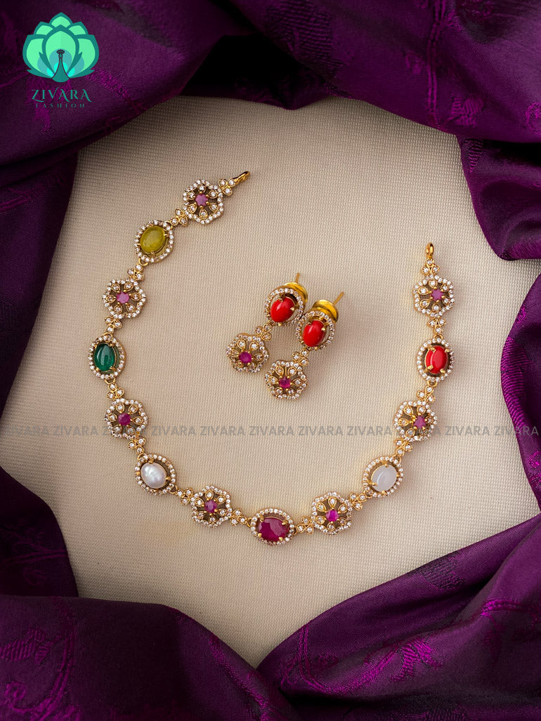 Simple navaratna motif free neckwear with earrings- Zivara Fashion