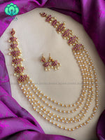 Hotselling lotus step pearl double mogapu Neckwear with earrings- CZ Matte Finish- Zivara Fashion