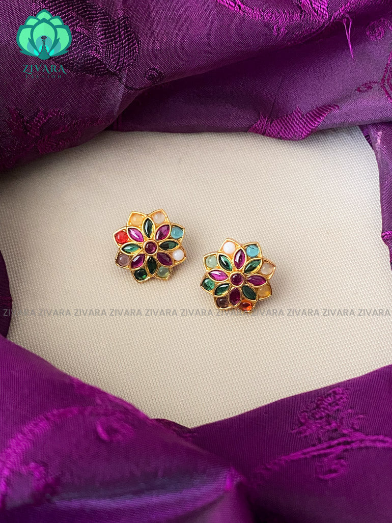 Multicolour navaratna studs - TRADITIONAL PREMIUM MATTE  polish STUDS- latest jewellery collection- zivara fashion